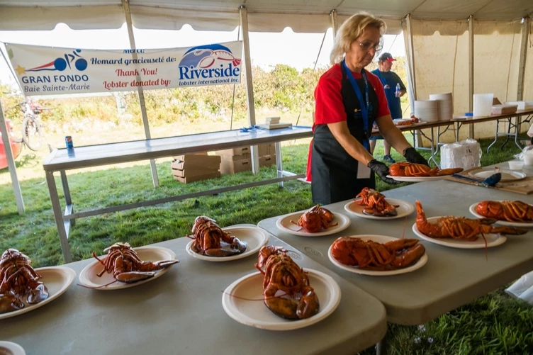 Plates with lobster in the event tent
